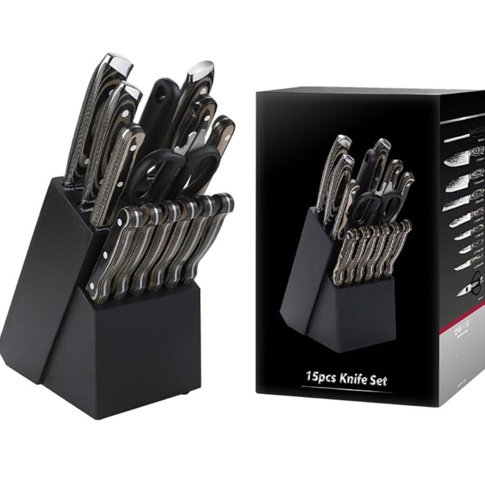 TWEE Hammered 15 PCS Kitchen Knife Block and Sharpener Premium Stainless Steel